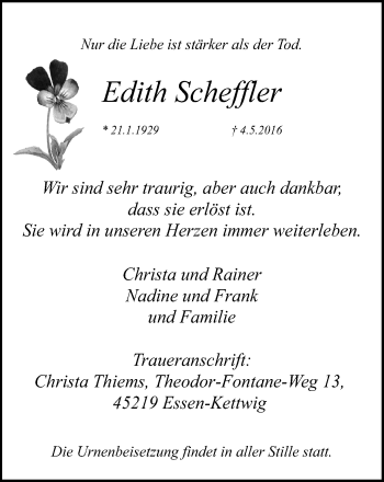 Traueranzeige von Edith Scheffler von Kettwig Kurier