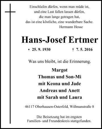 Traueranzeige von Hans-Josef Ertmer von Wochen-Anzeiger Oberhausen