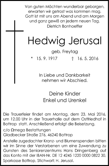 Traueranzeige von Hedwig Jerusal von Stadtspiegel Bottrop