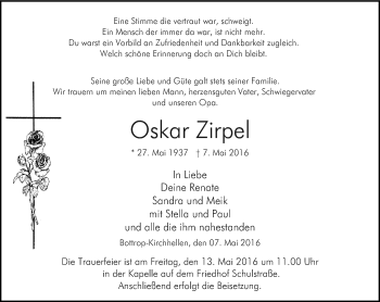 Traueranzeige von Oskar Zirpel von Stadtspiegel Bottrop