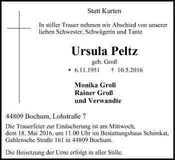 Traueranzeige von Ursula Peltz von Stadtspiegel Bochum