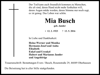 Traueranzeige von Mia Busch von Wochen-Anzeiger Oberhausen