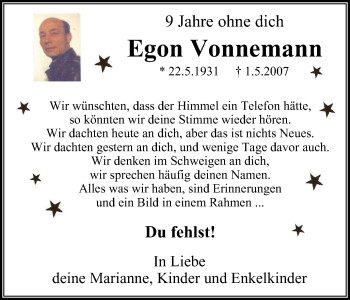 Traueranzeige von Egon Vonnemann von Stadtanz.Castrop-Rauxel