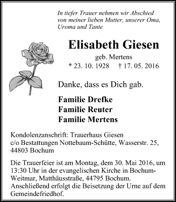 Traueranzeige von Elisabeth Giesen von Stadtspiegel Bochum