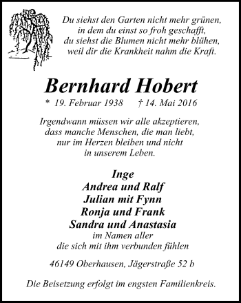 Traueranzeige von Bernhard Hobert von Wochen-Anzeiger Oberhausen