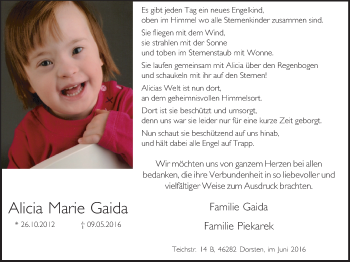 Traueranzeige von Alicia Marie Gaida von Stadtspiegel Gladbeck