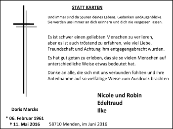 Traueranzeige von Doris Marcks von Stadtspiegel Menden + Froendenberg