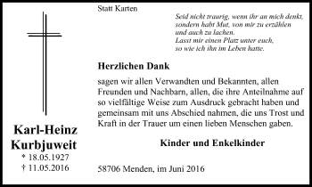 Traueranzeige von Karl-Heinz Kurbjuweit von Stadtspiegel Menden + Froendenberg
