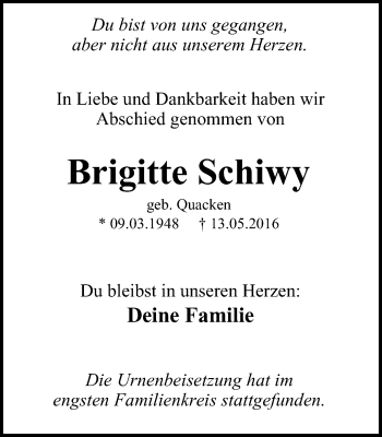 Traueranzeige von Brigitte Schiwy von Mülheimer Woche