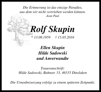 Traueranzeige von Rolf Skupin von Stadtspiegel Bottrop