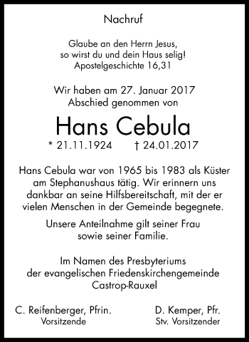 Traueranzeige von Hans Cebula von Stadtanz.Castrop-Rauxel