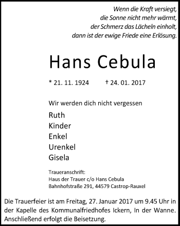 Traueranzeige von Hans Cebula von Stadtanz.Castrop-Rauxel