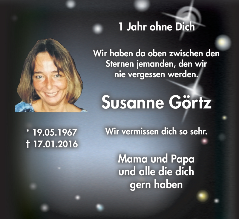  Traueranzeige für Susanne Görtz vom 14.01.2017 aus Stadtspiegel Bottrop