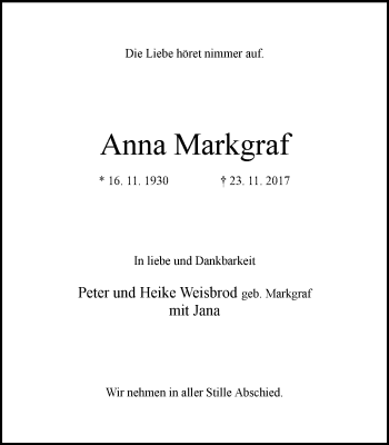 Traueranzeige von Anna Markgraf von Mülheimer Woche