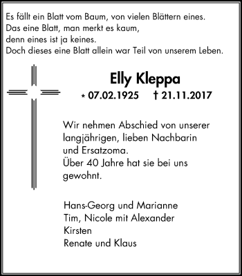 Traueranzeige von Elly Kleppa von Wochenblatt Herne/Wanne-Eickel