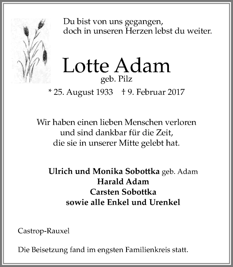  Traueranzeige für Lotte Adam vom 22.02.2017 aus Stadtanz.Castrop-Rauxel