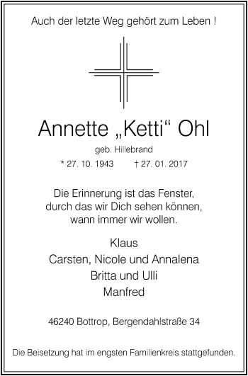Traueranzeige von Annette Ohl von Stadtspiegel Bottrop