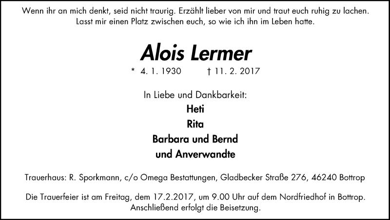  Traueranzeige für Alois Lermer vom 15.02.2017 aus Stadtspiegel Bottrop