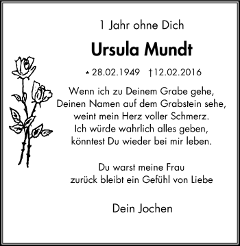 Traueranzeige von Ursula Mundt von Mülheimer Woche
