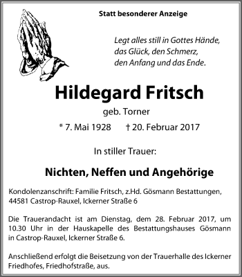 Traueranzeige von Hildegard Fritsch von Stadtanz.Castrop-Rauxel