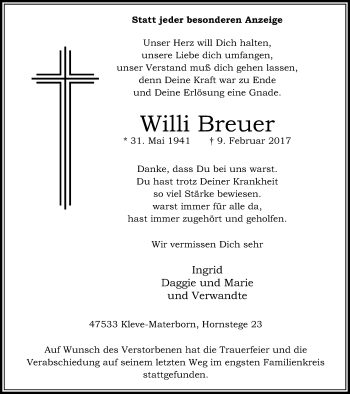 Traueranzeige von Willi Breuer von Klever Wochenblatt