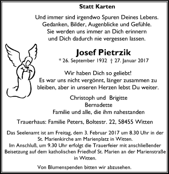 Traueranzeige von Josef Pietrzik von Witten aktuell