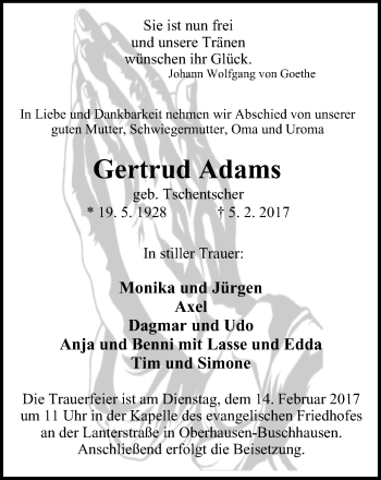 Traueranzeige von Gertrud Adams von Wochen-Anzeiger Oberhausen