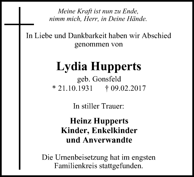  Traueranzeige für Lydia Hupperts vom 25.02.2017 aus Stadtspiegel Wattenscheid