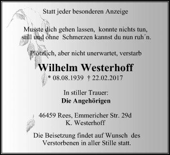 Traueranzeige von Wilhelm Westerhoff von Stadtanzeiger Emmerich/Rees/Isselburg