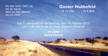 Traueranzeige von Günter Nabbefeld von Der Weseler + Der Xantener