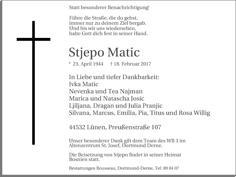  Traueranzeige für Stjepo Matic vom 25.02.2017 aus Lüner Anzeiger