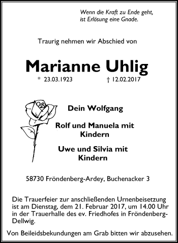 Traueranzeige von Marianne Uhlig von Stadtspiegel Iserlohn + Hemer