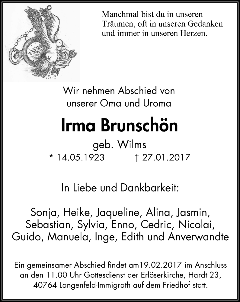  Traueranzeige für Irma Brunschön vom 15.02.2017 aus Wochen-Anzeiger Langenfeld/Monheim/Hilden