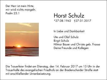Traueranzeige von Horst Schulz von Stadtspiegel Hattingen/Niedersprockhövel