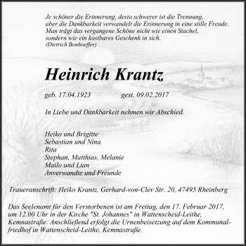 Traueranzeige von Heinrich Krantz von Stadtspiegel Wattenscheid