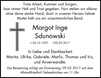 Traueranzeige von Margot Inge Sdunowski von Stadtspiegel Gelsenkirchen