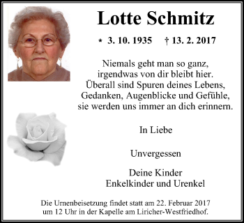 Traueranzeige von Lotte Schmitz von Wochen-Anzeiger Oberhausen