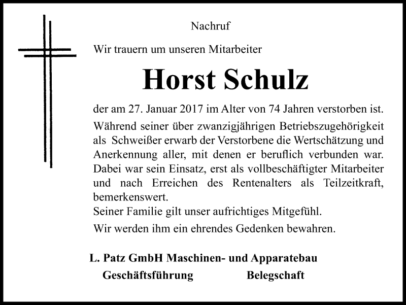  Traueranzeige für Horst Schulz vom 15.02.2017 aus Stadtspiegel Hattingen/Niedersprockhövel
