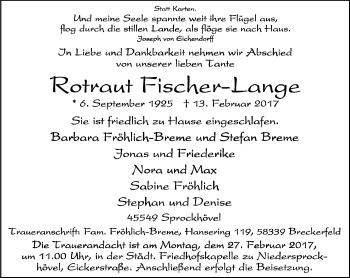 Traueranzeige von Rotraut Fischer-Lange von Stadtspiegel Hattingen/Niedersprockhövel