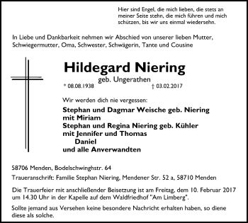 Traueranzeige von Hildegard Niering von Stadtspiegel Menden + Froendenberg