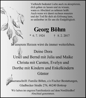 Traueranzeige von Georg Böhm von Stadtspiegel Bottrop
