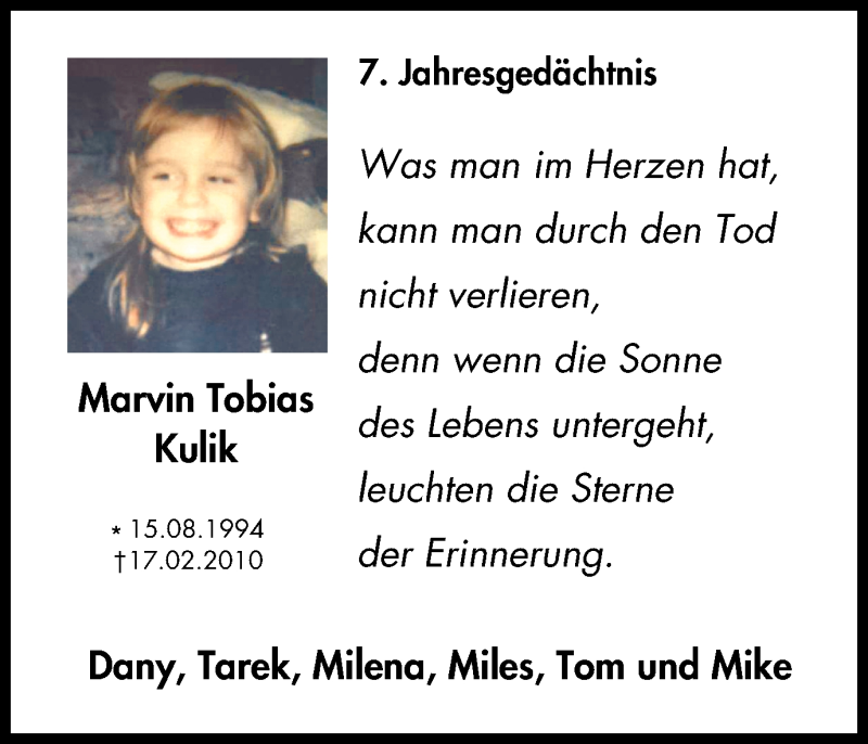  Traueranzeige für Marvin Tobias Kulik vom 18.02.2017 aus Wochenblatt Herne/Wanne-Eickel