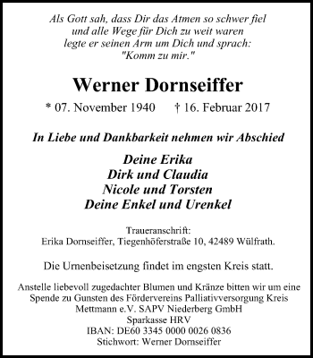 Traueranzeige von Werner Dornseiffer von Stadtanzeiger Velbert + Heiligenhaus