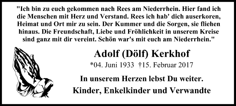  Traueranzeige für Adolf Kerkhof vom 22.02.2017 aus Stadtanzeiger Emmerich/Rees/Isselburg