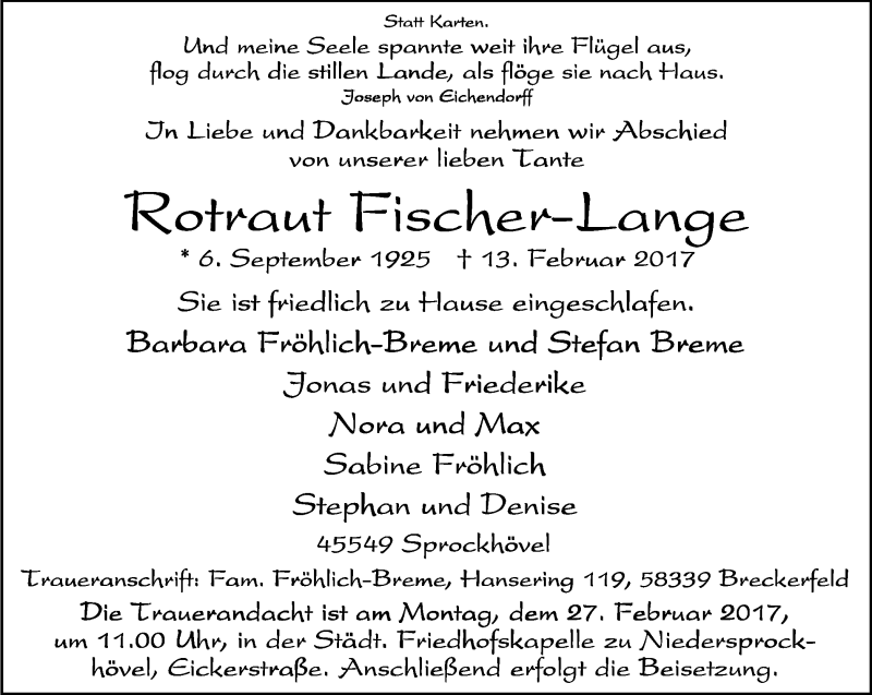  Traueranzeige für Rotraut Fischer-Lange vom 22.02.2017 aus Stadtspiegel Hattingen/Niedersprockhövel