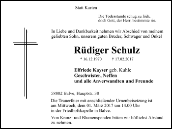 Traueranzeige von Rüdiger Schulz von Stadtspiegel Menden + Froendenberg