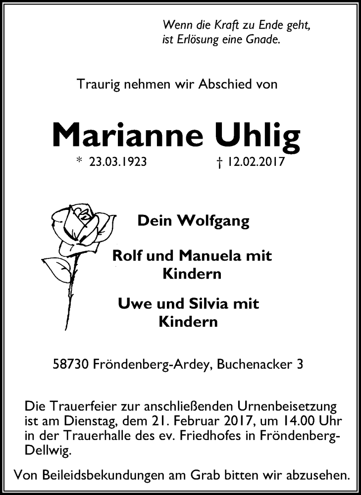  Traueranzeige für Marianne Uhlig vom 15.02.2017 aus Stadtspiegel Iserlohn + Hemer