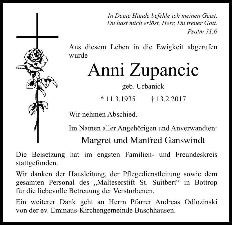  Traueranzeige für Anni Zupancic vom 22.02.2017 aus Wochen-Anzeiger Oberhausen