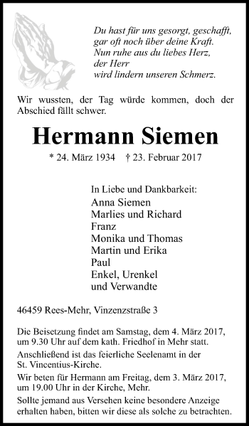 Traueranzeige von Hermann Siemen von Stadtanzeiger Emmerich/Rees/Isselburg