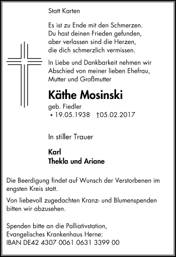 Traueranzeige von Käthe Mosinski von Wochenblatt Herne/Wanne-Eickel